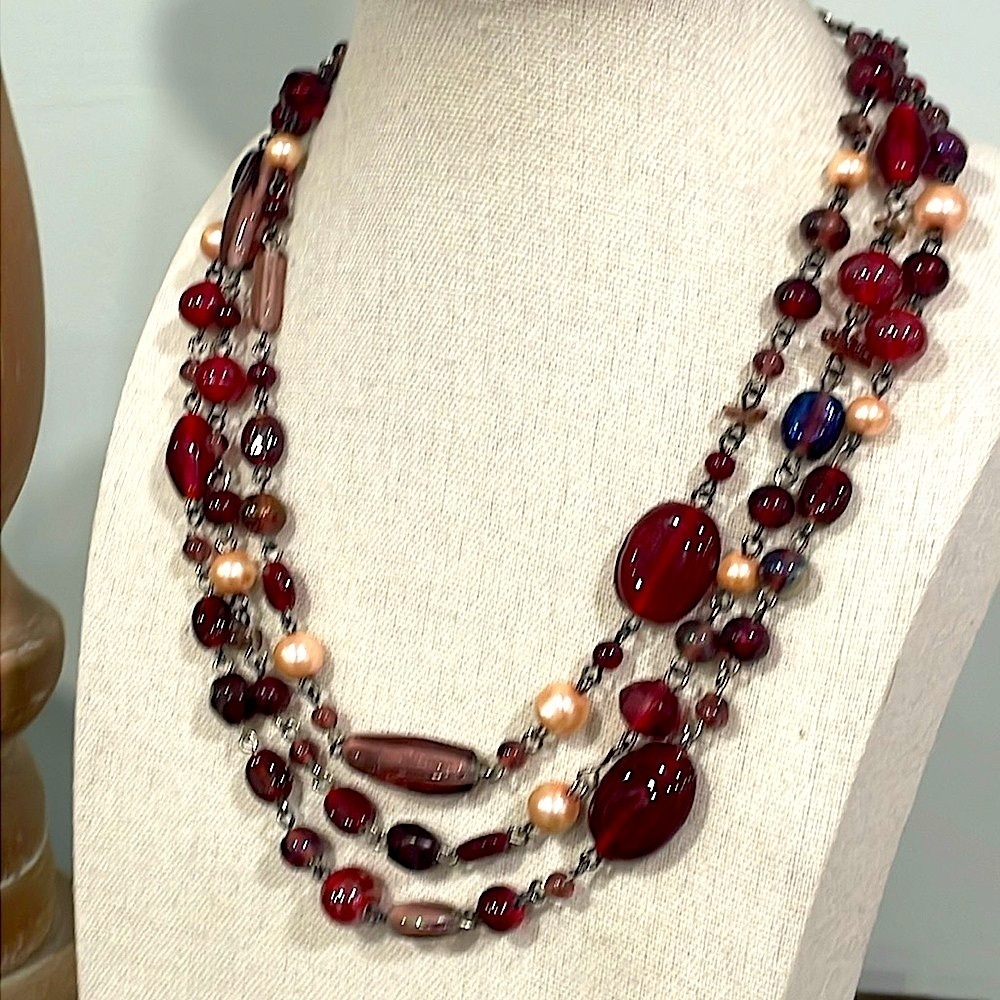 Vintage Dark Red 3 Strand Lucite beaded Statement necklace